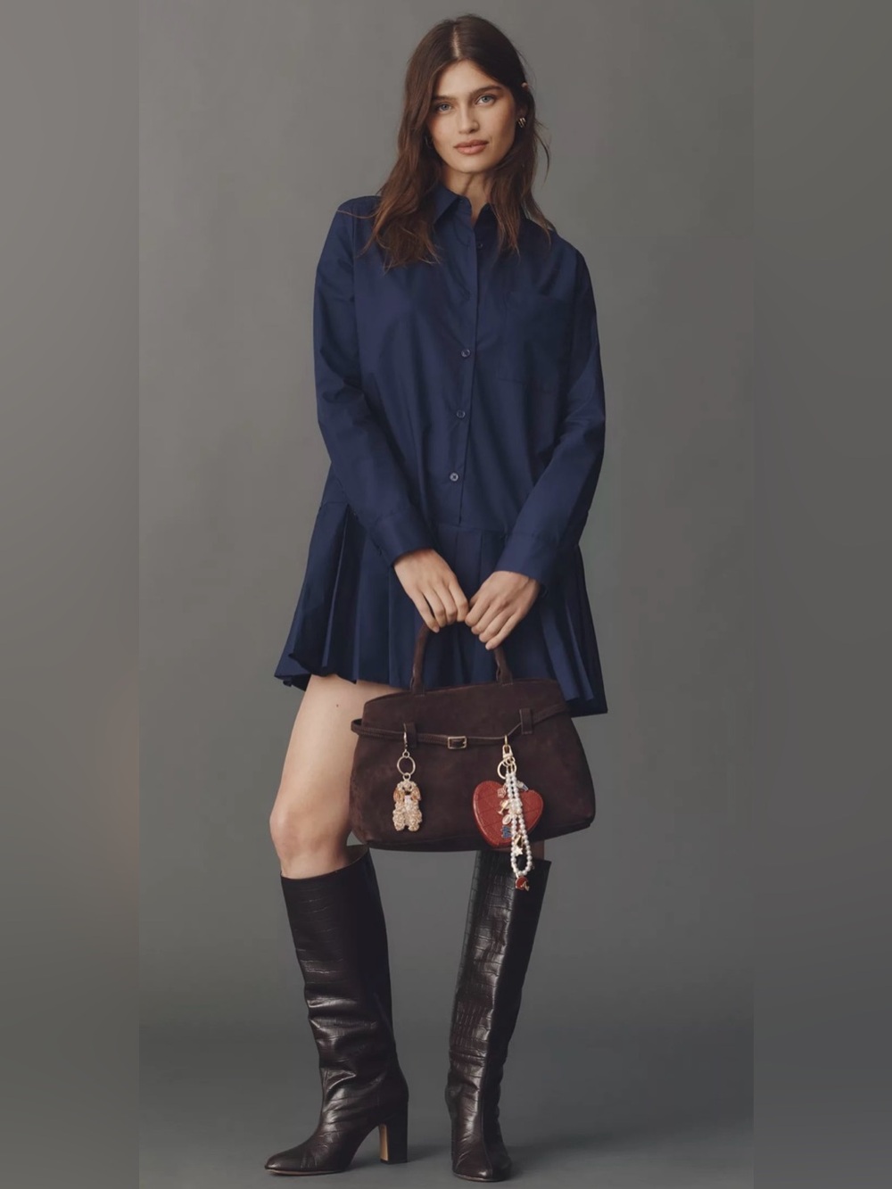 NWT New English Factory Long Sleeve Pleated Mini Shirt Dress in Navy Size L